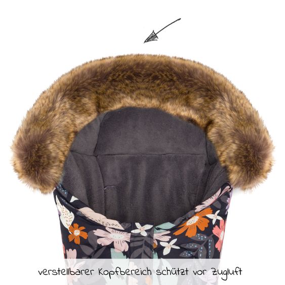 Fillikid Fleece-Fußsack mit Fellkragen Lhotse für Babyschale und Babywanne - Blumen