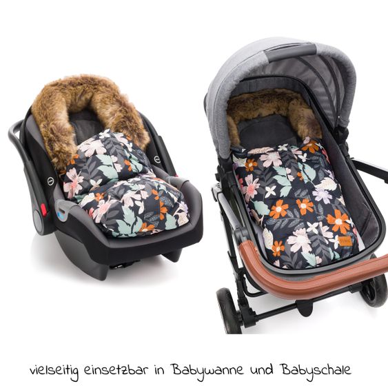 Fillikid Fleece-Fußsack mit Fellkragen Lhotse für Babyschale und Babywanne - Blumen