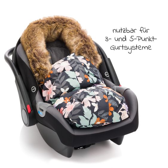 Fillikid Fleece-Fußsack mit Fellkragen Lhotse für Babyschale und Babywanne - Blumen