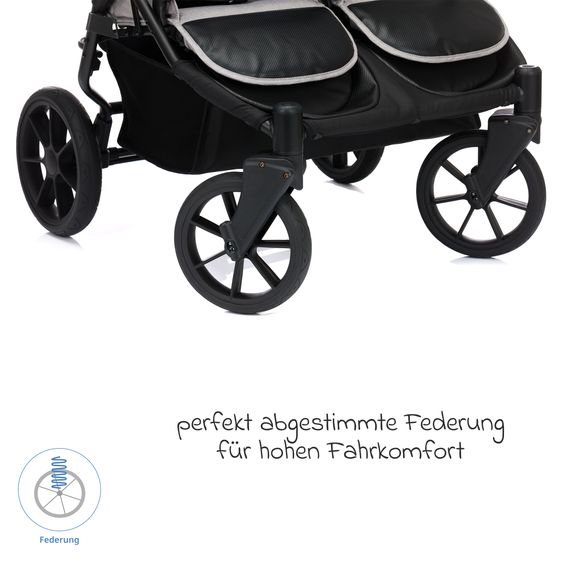 Fillikid Geschwister- & Zwillingskinderwagen Duette bis 22 kg mit Liegeposition & Knickschieber - Grau