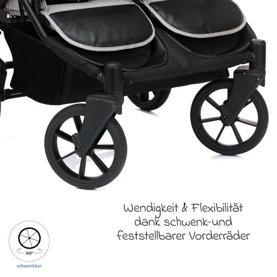 Fillikid Geschwister- & Zwillingskinderwagen Duette bis 22 kg mit Liegeposition & Knickschieber - Grau