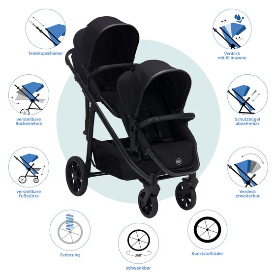 Fillikid Passeggino per fratelli e gemelli Fill Two in One con 2 seggiolini sportivi con barra di protezione - Nero