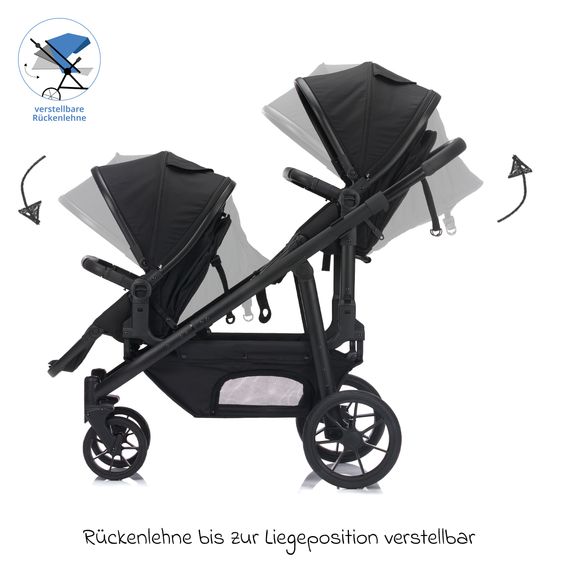 Fillikid Passeggino per fratelli e gemelli Fill Two in One con 2 seggiolini sportivi con barra di protezione - Nero