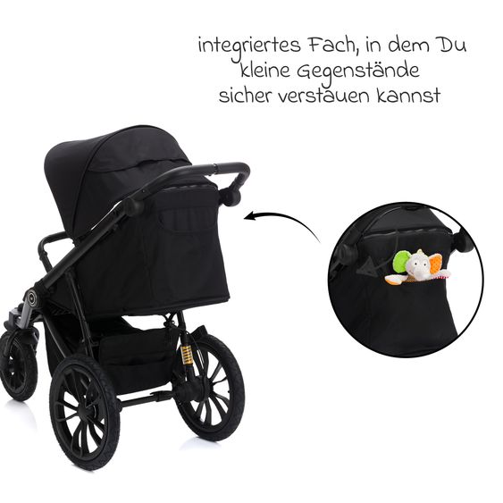 Fillikid Run jogger & pushchair with a load capacity of up to 22 kg with pneumatic wheels, articulated push bar, reclining position & handbrake - Black Melange