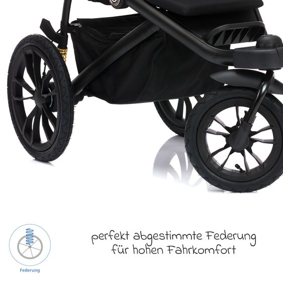 Fillikid Run jogger & pushchair with a load capacity of up to 22 kg with pneumatic wheels, articulated push bar, reclining position & handbrake - Black Melange