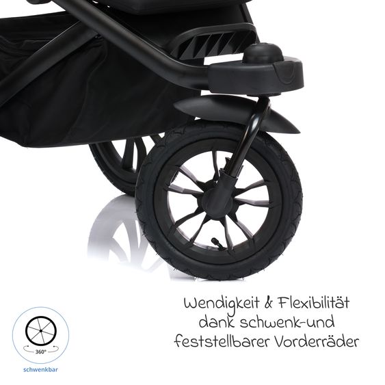 Fillikid Run jogger & pushchair with a load capacity of up to 22 kg with pneumatic wheels, articulated push bar, reclining position & handbrake - Black Melange