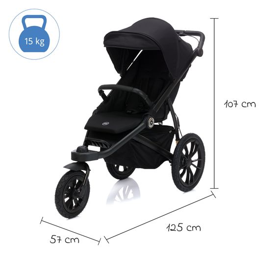 Fillikid Run jogger & pushchair with a load capacity of up to 22 kg with pneumatic wheels, articulated push bar, reclining position & handbrake - Black Melange