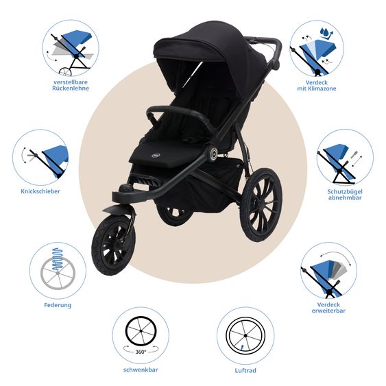 Fillikid Run jogger & pushchair with a load capacity of up to 22 kg with pneumatic wheels, articulated push bar, reclining position & handbrake - Black Melange