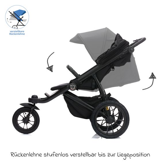 Fillikid Run jogger & pushchair with a load capacity of up to 22 kg with pneumatic wheels, articulated push bar, reclining position & handbrake - Black Melange