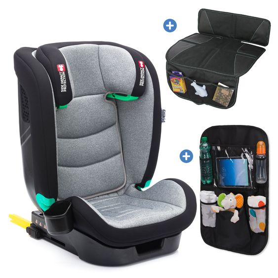 Fillikid Car seat Elli Pro i-Size from 3 years - 12 years (100 cm - 150 cm) with Isofix, cupholder, car seat bag & padding protector - Grey