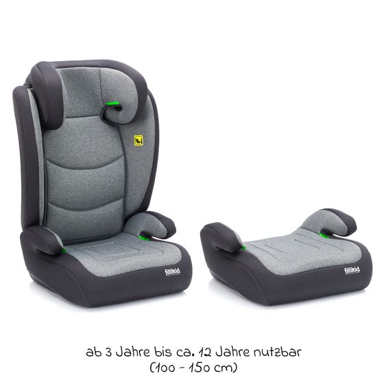 Fillikid Car seat Lea i-Size R129 from 3 years - 12 years (100 cm - 150 cm) without Isofix with belt attachment only 4 kg incl. cushion protection & car seat bag - Grey