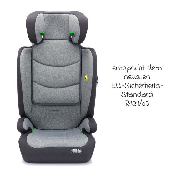 Fillikid Car seat Lea i-Size R129 from 3 years - 12 years (100 cm - 150 cm) without Isofix with belt attachment only 4 kg incl. cushion protection & car seat bag - Grey