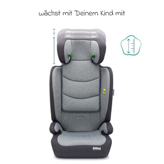 Fillikid Car seat Lea i-Size R129 from 3 years - 12 years (100 cm - 150 cm) without Isofix with belt attachment only 4 kg incl. cushion protection & car seat bag - Grey