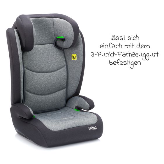 Fillikid Car seat Lea i-Size R129 from 3 years - 12 years (100 cm - 150 cm) without Isofix with belt attachment only 4 kg incl. cushion protection & car seat bag - Grey