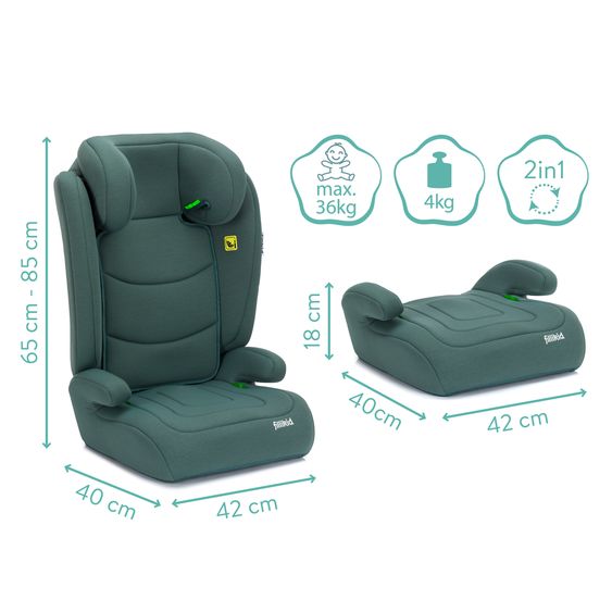 Fillikid Kindersitz Lea i-Size R129 ab 3 Jahre - 12 Jahre (100 cm - 150 cm) ohne Isofix mit Gurtbefestigung nur 4 kg inkl. Polsterschutz & Auto-Sitztasche - Grün