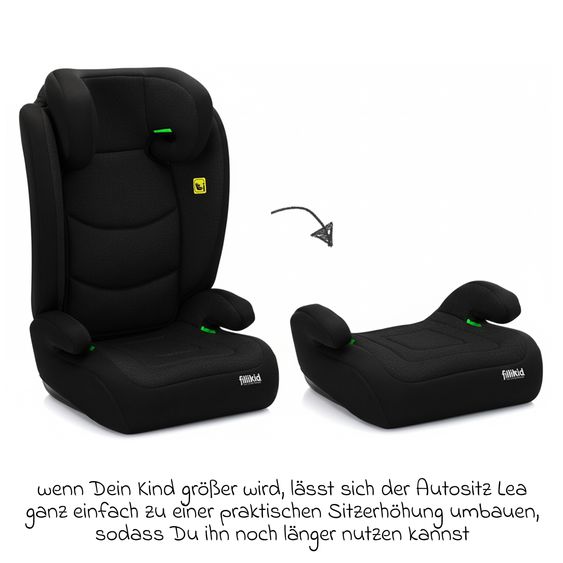 Fillikid Seggiolino auto Lea i-Size R129 da 3 anni - 12 anni (100 cm - 150 cm) senza Isofix con fissaggio a cintura solo 4 kg incl. protezione imbottita - Nero