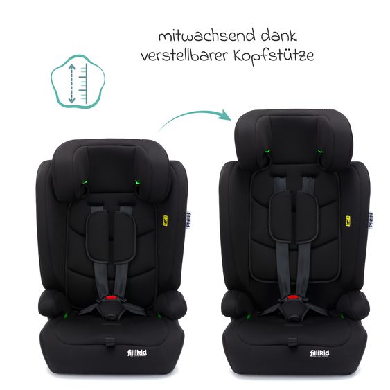 Fillikid Seggiolino auto Oli i-Size 9 Mesi - 12 Anni (76 cm - 150 cm) incl. Borsa per Seggiolino Auto & Protezione Imbottita - Nero