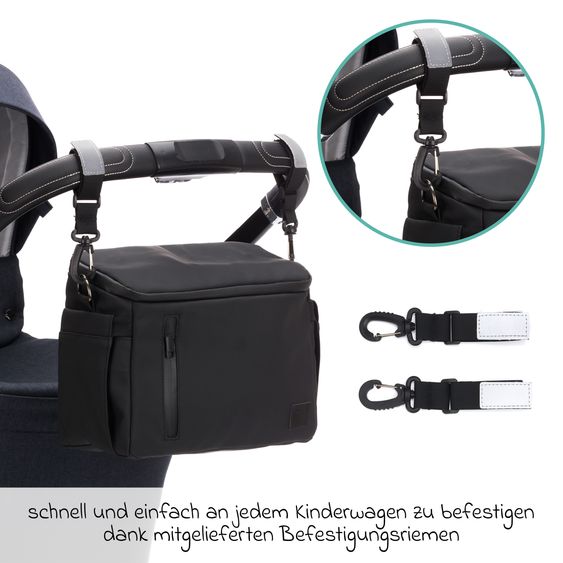 Fillikid Kinderwagen-Organizer Larvik mit viel Stauraum inkl. Wickelauflage, Flaschenhalter, Umhängegurt & Befestigungshaken - Black