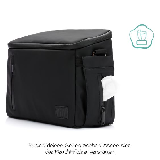 Fillikid Kinderwagen-Organizer Larvik mit viel Stauraum inkl. Wickelauflage, Flaschenhalter, Umhängegurt & Befestigungshaken - Black