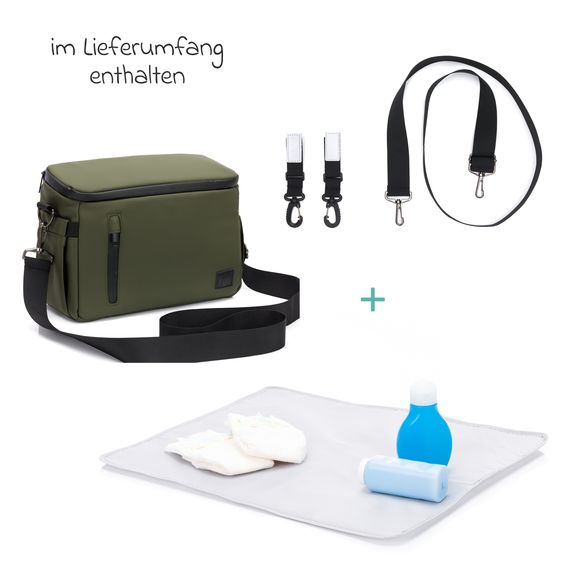 Fillikid Kinderwagen-Organizer Larvik mit viel Stauraum inkl. Wickelauflage, Flaschenhalter, Umhängegurt & Befestigungshaken - Grün