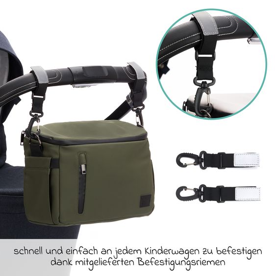 Fillikid Kinderwagen-Organizer Larvik mit viel Stauraum inkl. Wickelauflage, Flaschenhalter, Umhängegurt & Befestigungshaken - Grün