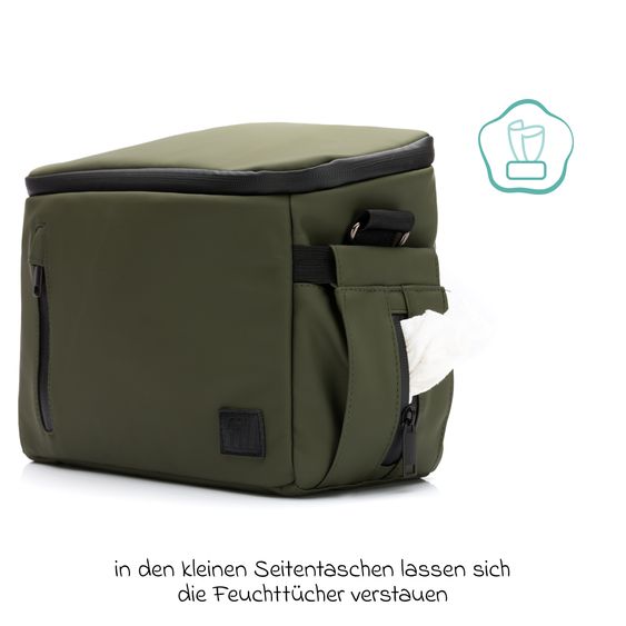 Fillikid Kinderwagen-Organizer Larvik mit viel Stauraum inkl. Wickelauflage, Flaschenhalter, Umhängegurt & Befestigungshaken - Grün