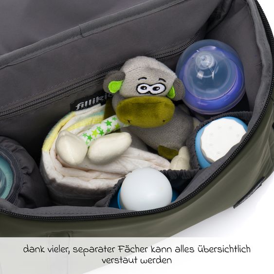 Fillikid Kinderwagen-Organizer Larvik mit viel Stauraum inkl. Wickelauflage, Flaschenhalter, Umhängegurt & Befestigungshaken - Grün