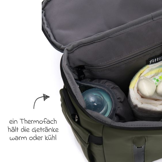Fillikid Kinderwagen-Organizer Larvik mit viel Stauraum inkl. Wickelauflage, Flaschenhalter, Umhängegurt & Befestigungshaken - Grün