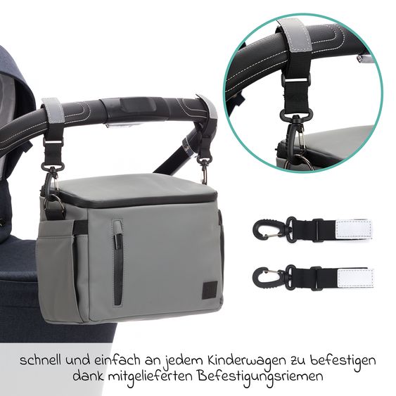 Fillikid Kinderwagen-Organizer Larvik mit viel Stauraum inkl. Wickelauflage, Flaschenhalter, Umhängegurt & Befestigungshaken - Grau