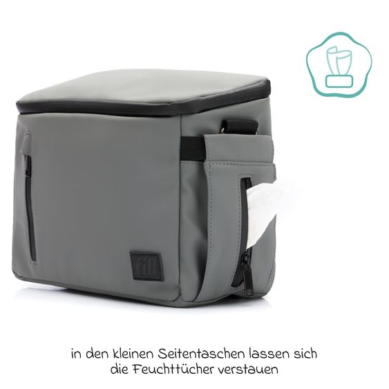 Fillikid Kinderwagen-Organizer Larvik mit viel Stauraum inkl. Wickelauflage, Flaschenhalter, Umhängegurt & Befestigungshaken - Grau