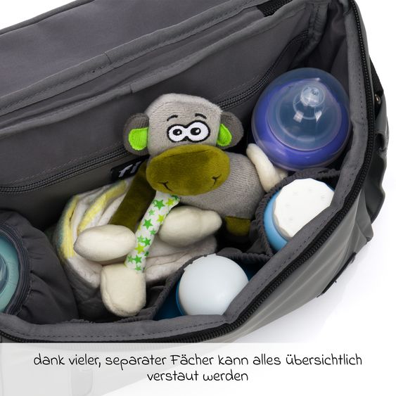 Fillikid Kinderwagen-Organizer Larvik mit viel Stauraum inkl. Wickelauflage, Flaschenhalter, Umhängegurt & Befestigungshaken - Grau