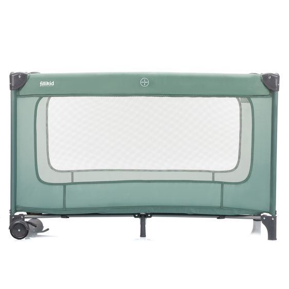 Fillikid Capri travel cot from birth - 15 kg with adjustable cot cover, 2 wheels, entrance, changing mat, diaper tray, mobile & carrycot - green