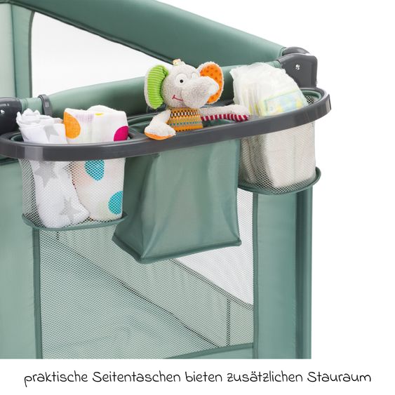 Fillikid Capri travel cot from birth - 15 kg with adjustable cot cover, 2 wheels, entrance, changing mat, diaper tray, mobile & carrycot - green