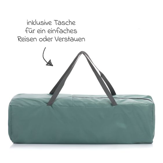Fillikid Capri travel cot from birth - 15 kg with adjustable cot cover, 2 wheels, entrance, changing mat, diaper tray, mobile & carrycot - green