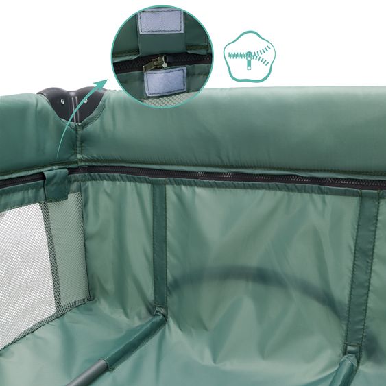 Fillikid Capri travel cot from birth - 15 kg with adjustable cot cover, 2 wheels, entrance, changing mat, diaper tray, mobile & carrycot - green