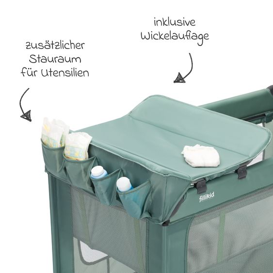 Fillikid Capri travel cot from birth - 15 kg with adjustable cot cover, 2 wheels, entrance, changing mat, diaper tray, mobile & carrycot - green