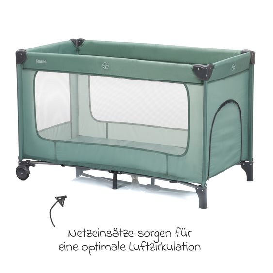Fillikid Capri travel cot from birth - 15 kg with adjustable cot cover, 2 wheels, entrance, changing mat, diaper tray, mobile & carrycot - green