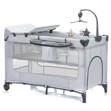 Reisebett Capri ab Geburt - 15 kg mit verstellbarem Einhang, 2 Räder, Einstieg, Wickeauflage , Windelablage, Mobile & Tragetasche - Hellgrau