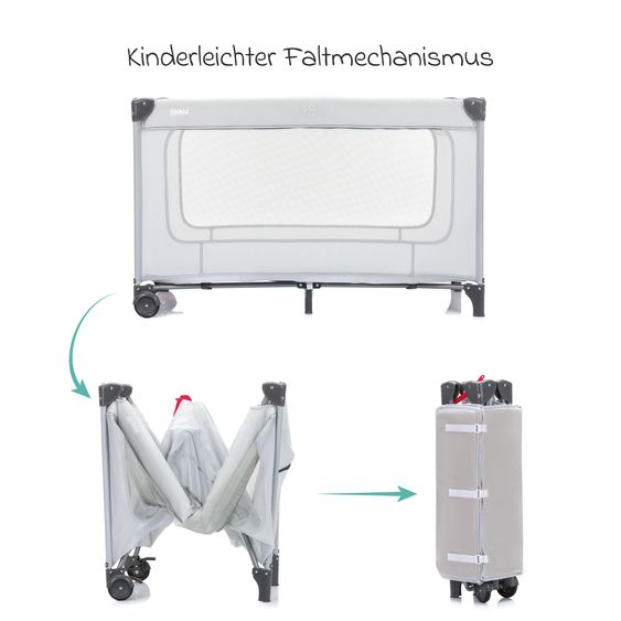 Fillikid Reisebett Capri ab Geburt - 15 kg mit verstellbarem Einhang, 2 Räder, Einstieg, Wickeauflage , Windelablage, Mobile & Tragetasche - Hellgrau
