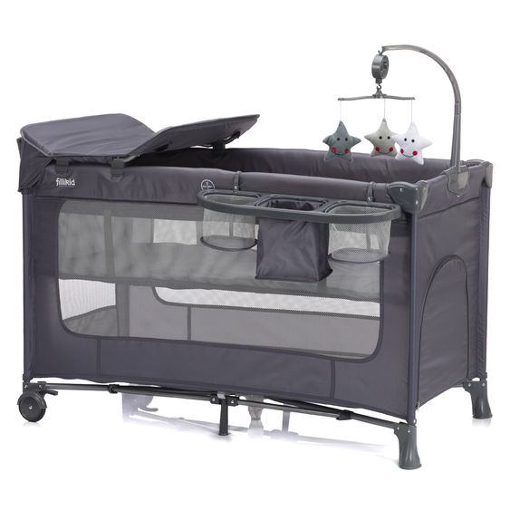Fillikid Capri travel cot from birth - 15 kg with adjustable cot cover, 2 wheels, entrance, changing mat, diaper rack, mobile & carrycot - dark gray