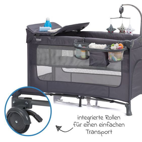 Fillikid Capri travel cot from birth - 15 kg with adjustable cot cover, 2 wheels, entrance, changing mat, diaper rack, mobile & carrycot - dark gray