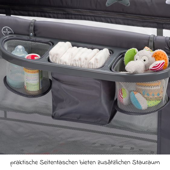 Fillikid Capri travel cot from birth - 15 kg with adjustable cot cover, 2 wheels, entrance, changing mat, diaper rack, mobile & carrycot - dark gray