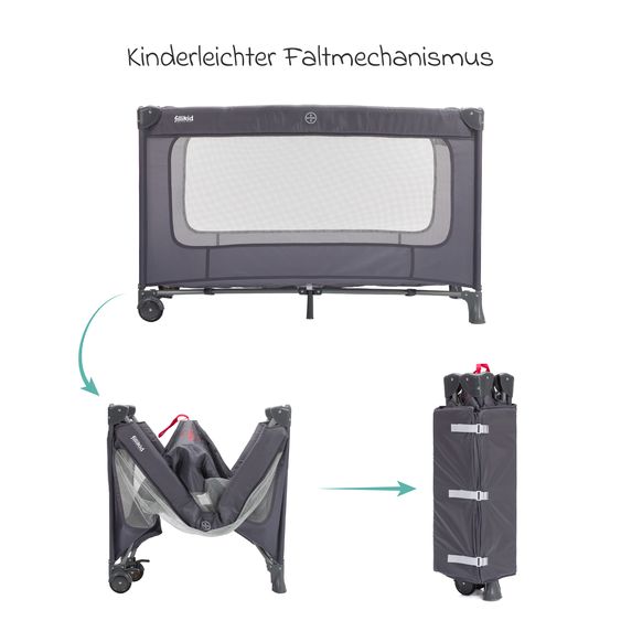 Fillikid Capri travel cot from birth - 15 kg with adjustable cot cover, 2 wheels, entrance, changing mat, diaper rack, mobile & carrycot - dark gray