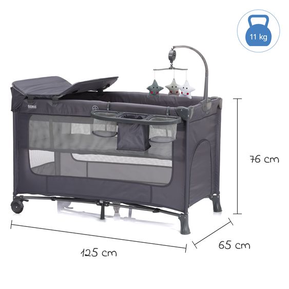 Fillikid Capri travel cot from birth - 15 kg with adjustable cot cover, 2 wheels, entrance, changing mat, diaper rack, mobile & carrycot - dark gray