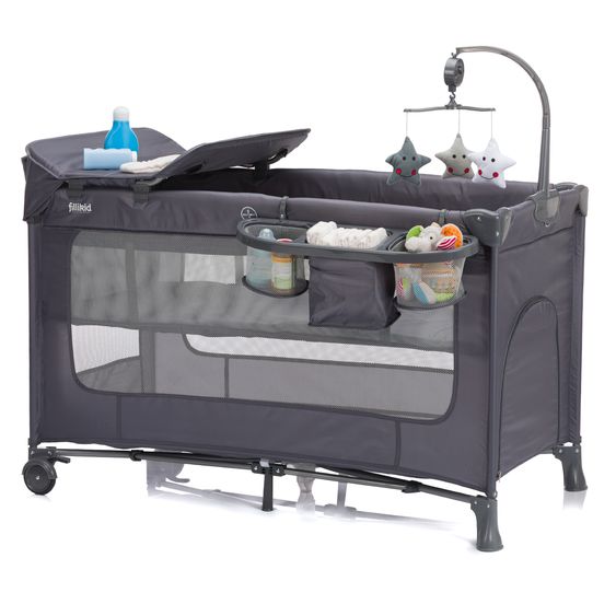 Fillikid Capri travel cot from birth - 15 kg with adjustable cot cover, 2 wheels, entrance, changing mat, diaper rack, mobile & carrycot - dark gray