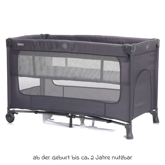 Fillikid Capri travel cot from birth - 15 kg with adjustable cot cover, 2 wheels, entrance, changing mat, diaper rack, mobile & carrycot - dark gray