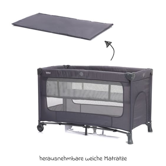 Fillikid Capri travel cot from birth - 15 kg with adjustable cot cover, 2 wheels, entrance, changing mat, diaper rack, mobile & carrycot - dark gray
