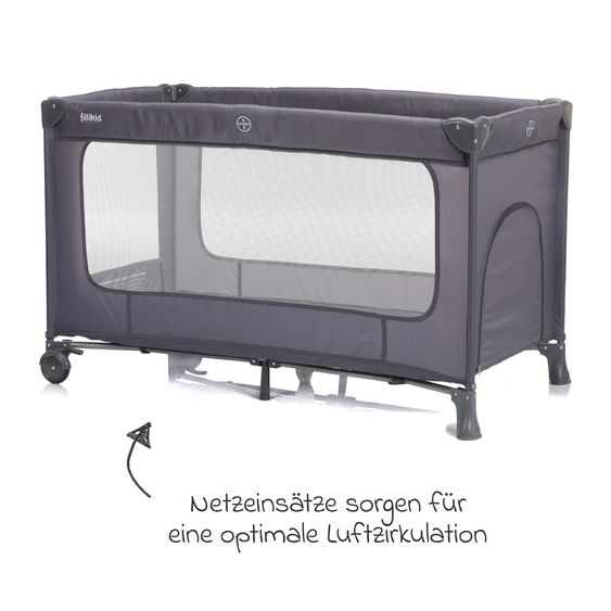 Fillikid Capri travel cot from birth - 15 kg with adjustable cot cover, 2 wheels, entrance, changing mat, diaper rack, mobile & carrycot - dark gray