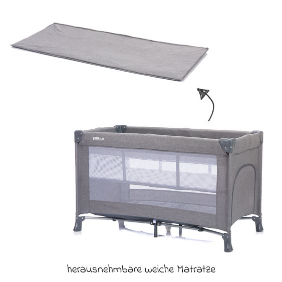 Fillikid Lettino da viaggio Milano ab Geburt - 15 kg con meccanismo di piegatura con una mano, ingresso laterale, inserto per neonati e ruote 120 x 60 cm - Grigio Melange