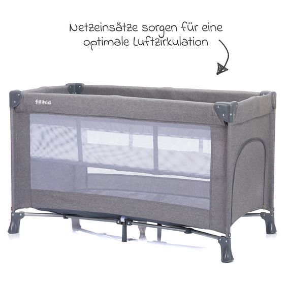 Fillikid Lettino da viaggio Milano ab Geburt - 15 kg con meccanismo di piegatura con una mano, ingresso laterale, inserto per neonati e ruote 120 x 60 cm - Grigio Melange